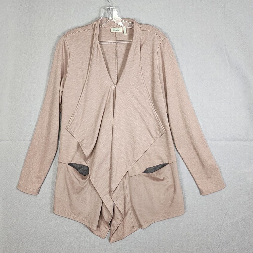 LOGO By Lori Goldstein Cardigan Womens Medium Neutral French Terry Faux Suede
